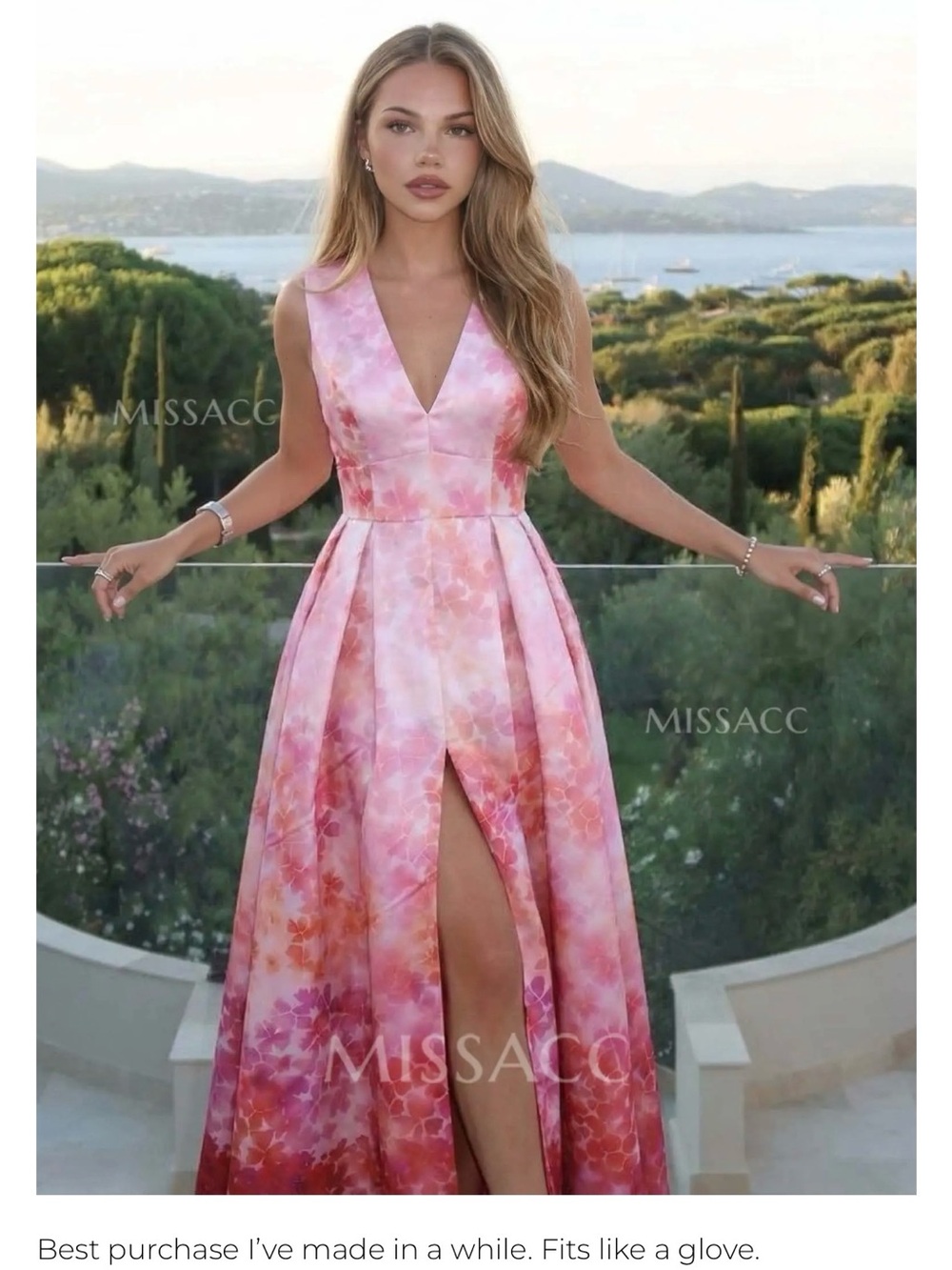Pink Floral V-Neck Sleeveless Evening Dress with Front Slit size 4